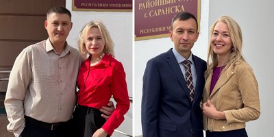 Ivan Neverov with his wife Tatyana and Mikhail Shevchuk with his wife Yaroslavna in front of the district court in Saransk
